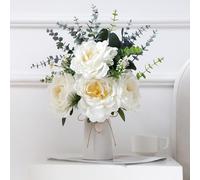 Artificial Peony Flower Arrangements in Ceramic Vase, 16" Faux Dahlia Flowers with Eucalyptus Stems and Decorative Leaves, Vase with Jute Rope & Heart Charm, Table Centerpiece for Farmhouse Décor