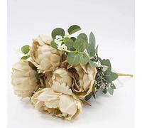 Artificial Peony Pongee with Eucalyptus Leaves for Valentines Day Decor Weddings Faux Flower Floral Arrangements Centrepiece Bouquet (Mocha)