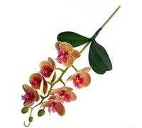 Artificial Phalaenopsis Orchid With Lifelike 3D Print Design Including 7 Flowers And 3 Leaves Mounted On Single Stem For Styling Use(Orange-yellow)