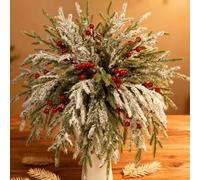 Artificial Pine Branches, 12.8-Inch Realistic Pine Wreath, Adorned with Red Seeds And Snow-Covered Stems. Lush Green Needles, Sturdy Leaves