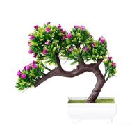 Artificial Pine Tree Potted Plant Floral Arrangement with Blossoms Plastic 25x23cm Multiple Color Choices for Tabletop Living Room Office Home Decoration(red lotus)