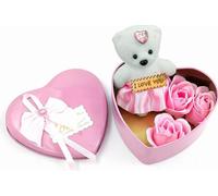 Artificial Pink Rose Teddy Bear in heart shape metal box. Best Valentines day gift gor her