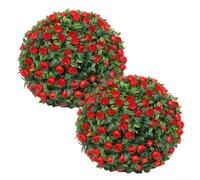Artificial Plant Topiary Balls Decorative Hanging Faux Boxwood Spheres Indoor Outdoor Garden Decor Floral Arrangements with Lifelike Green Leaves 25cm 2 Pack(Red Rose)