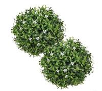 Artificial Plant Topiary Balls Decorative Hanging Faux Boxwood Spheres Indoor Outdoor Garden Decor Floral Arrangements with Lifelike Green Leaves 25cm 2 Pack(White Flower)