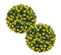 Artificial Plant Topiary Balls Decorative Hanging Faux Boxwood Spheres Indoor Outdoor Garden Decor Floral Arrangements with Lifelike Green Leaves 25cm 2 Pack(Yellow Rose)