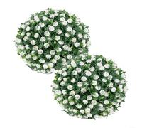 Artificial Plant Topiary Balls Decorative Hanging Faux Boxwood Spheres Indoor Outdoor Garden Decor Floral Arrangements with Lifelike Green Leaves 25cm 2 Pack(White Rose)