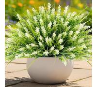 Artificial Plants for Outdoors, 20 Bundles Fake Monkey Grass with White Spring Flowers, Faux Plants Outdoor UV Resistant Realistic Greenery for Garden Window Patio Hanging Porch Home Decoration