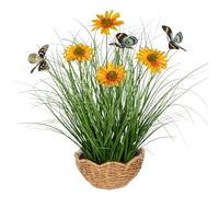 Artificial Plants Indoor with Pot, 17.3" Fake Potted Plants Artificial Onion Grass Plant with Yellow Daisies Flowers and Butterflies Small Faux Plant Indoor for Home Living Room Table Shelf Decor