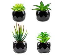 Artificial Plants Indoors In Pots, Fake Plants Outdoor, Mini black Ceramic Potted, Green Succulents Decor for Bedroom Aesthetic, Faux Desk Plant for Bathroom ,Living Room, Office Decoration (4)