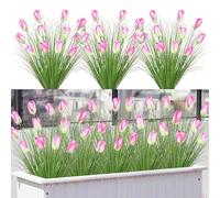 Artificial Plants Outdoor Artificial Grass Greenery Stems Fake Flowers Tulips Shrub Bushes UV Resistant Fake Wheat Grass Plant Faux Plastic Plants for Indoor Window Garden Decor (12, Tulip)