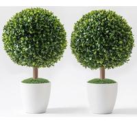 Artificial Plants - Set of 2 Topiary Trees - 24” High Pre-Potted Boxwood Trees - Artificial Plants for Front Porch Home Office Décor - Topiary Ball for Indoor Outdoor