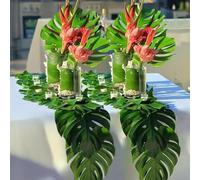 Artificial Plants Tropical Palm Leaf Green Silk Monstera Leaves,M | 6pcs/Set Artificial Plants Tropical Palm Leaf Green Silk Leaves Hawaiian Party Decoration Summer Table Fake Plant,20x18cm