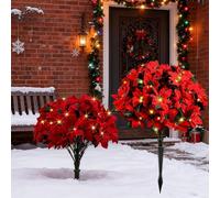 Artificial Poinsettia Flower Topiary Trees with Lights,Pre-Lit Christmas Trees Urn Filler,Christmas Topiary Balls Tree with Ground Spike,UV Resistant Faux Poinsettias Bush for Porch,Yard Decor