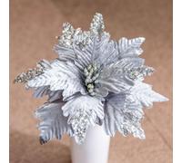 Artificial Poinsettia Flowers for Christmas Tree Glitter Decoration 1PC for Parties (Silver)