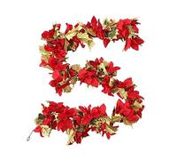 Artificial Poinsettia Garland with Gold Leaves, 5.2ft Velvet Poinsettia Flower Vines for Home Decor (Red)
