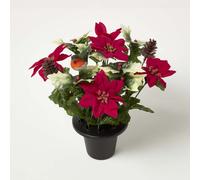 HOMESCAPES Artificial Red Poinsettia Flowers and Faux Holly Grave Pot with Small Red Robin, Memorial Grave Vase for Christmas Decoration, 30 cm Tall