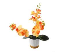 Artificial Potted Orchid Faux Phalaenopsis Silk Flowers,Orchid Plant Pot Arrangements with Gold Bottom Basin(Orange)