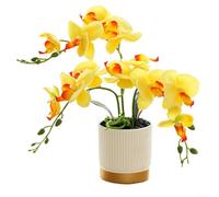 Artificial Potted Orchid Faux Phalaenopsis Silk Flowers,Orchid Plant Pot Arrangements with Gold Bottom Basin(Yellow)