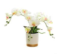 Artificial Potted Orchid Faux Phalaenopsis Silk Flowers,Orchid Plant Pot Arrangements with Gold Bottom Basin(White)