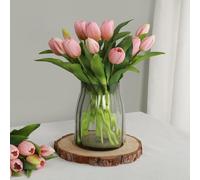 Artificial Pu Bouquet with Seven Lifelike Tulip Flowers for Wedding Decoration Home Décor Party White Arrangements in Rose Red Pink and Gr (PINK)