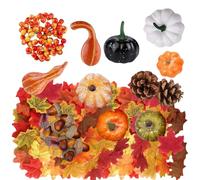 Artificial Pumpkins Decorations Set,150P Autumn Home Decor Artificial Fall Maple Leaves,Small Acorns,Pine Cone,Gourds,Pumpkin for Autumn Thanksgiving Decor,Halloween,Fall,Home Harvest Table Decoration