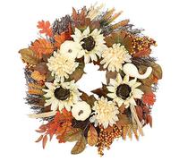 Artificial Pumpkins Wreaths White Sunflower Autumn Wreath With Leaves Flower Fall Door Garland Thanksgiving Theme Teardrop Halloween Wreaths For Front Door (17.7 * 17.7in) Wreath (White, 38x38x9cm)