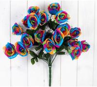 Artificial Rainbow Rose Bush, 18 Rosebud Heads Multicoloured Flowers, Harlequin Roses