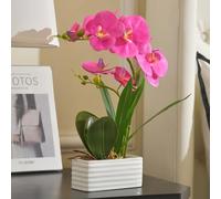 Artificial Real Touch Orchid Flowers with White Ceramic Vase, Purple Red