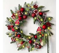 Artificial Realistic Door With Christmas Wreath,evergreen Garland,Featuring Candy Cane Ornaments,Pinecones,Berries,and Bows For Indoor And Outdoor Wall Decorations(With light,21.7x21.7in)