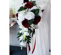 Artificial Rose Bridesmaid Bouquet - Romantic Wedding Bouquet For Bridal Ceremony Tossing, White & Burgundy