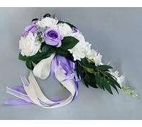 Artificial Rose Bridesmaid Bouquet - Romantic Wedding Bouquet For Bridal Ceremony Tossing - White & Purple