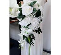 Artificial Rose Bridesmaid Bouquet - Romantic Wedding Bouquet for Bridal, Handmade Bride Flowers for Ceremony Tossing, Church Ceremony - White