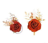 Artificial Rose Corsage and Boutonniere Set with Real Touch Eucalyptus Berries for Wedding Prom Anniversary Events (Orange)