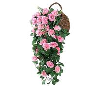 ]Artificial Rose Flowers Basket, 95CM Vine Fake Hanging Basket Plant Vine Fake Silk Trailing Flower for Garden Balcony Fence Outdoor Wedding Indoor Door Decoration (Pink)