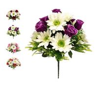 Artificial Rose & Gerbera Daisy Grave Flowers - 32cm UV Resistant, Weatherproof Cemetery Bouquet - Realistic Memorial Floral Display - Indoor / Outdoor - 4 Colour Options (Purple & Ivory)