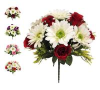 Artificial Rose & Gerbera Daisy Grave Flowers - 32cm UV Resistant, Weatherproof Cemetery Bouquet - Realistic Memorial Floral Display - Indoor / Outdoor - 4 Colour Options (Red & Ivory)