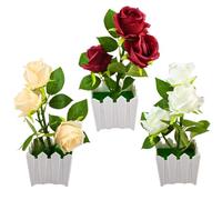 Artificial Rose Potted Plant, 28cm Fake Rose Flowers with White Ribbed Pot