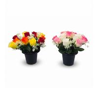Artificial Rosebud & Mimosa Gravepot, Set of 2 Memorial Flowers