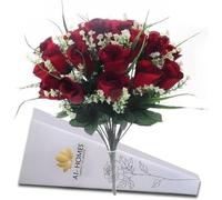 Artificial Roses, 42cm Fake Flowers for Decoration, Grass Bush with Gyp & Foliage 24 Red Roses Heads, Red Artificial Flowers for Outdoor & Indoor Events Wedding Party Home Decoration (2 Bunches)