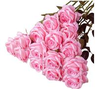 Artificial Roses Velvet Real Touch 15Pcs Single Stem Fake Roses Silk Pink Flowers for Home Office Garden Grave Party Wedding Decorations (Pink)