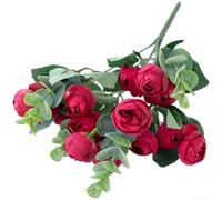 Artificial Silk Flower Bouquet Containing Eucalyptus Rose Camellia for Wedding Decor Living Room Accent (Red)