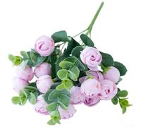 Artificial Silk Flower Bouquet Containing Eucalyptus Rose Camellia for Wedding Decor Living Room Accent (Purple)