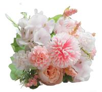 Artificial Silk Flower Bouquet Peony Hydrangea Daisy Mix Nordic Style Handmade Floral Arrangement Realistic Petals Flexible Stems 32x20cm Pink Blue White Purple Green Wedding Centerpiece(Pink)