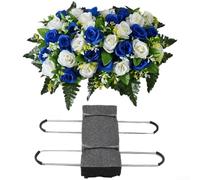 Artificial Silk Flowers in Dragon Boat Formation for Cemetery Use with 36 Pomegranate Roses and Naturalistic Green Stem Construction (White + Red)