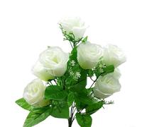 Artificial Silk Rose Bud Bunch with 10 Natural-Looking Stems for Wedding Door Wreath Base Home Entry Rug Accent and Studio Backdrop (Milk White)