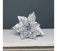 Artificial Silver Glitter Poinsettia Pick. Pack Of 3. Height 24 Cm