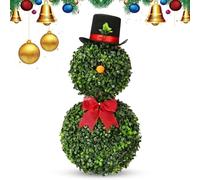 Artificial Snowman Topiary, 80cm Christmas Artificial Snowman Topiary Tree with Red Bow, Santa Hat, Artificial Boxwood Plants for Indoor and Outdoor Use