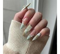 Artificial Stiletto Nail Tips Set with 3D White Rose, Pearls & Gold Accents - Long Glossy Press On Nails in Pearlescent White & Mint Green for Bridal, Formal Events & Fashion Wear