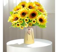 Artificial Sunflower Arrangement in Vase - 3 Bunches of Lifelike Silk Sunflowers with Yellow Vase Featuring Jute Rope & Heart Charm for Home Décor, Office, and Special Occasions