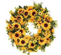 Artificial Sunflower Wreath Fall Autumn Wreath Fake Flower Wreath with Yellow Sunflower for Front Door Hanging Farmhouse Welcome Door Wreath